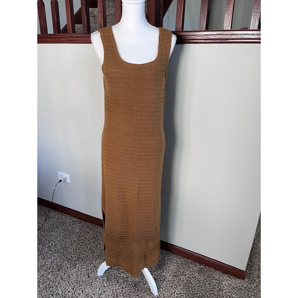 ana A New Approach Brown Crochet Sleeveless Maxi Dress Medium Boho Knit Scallop